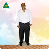 Cardboard cutout of a man wearing a white shirt and black pants with 'Australian Made' logo in the corner.